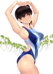 Rule 34 | 1girl, armpits, arms up, ass, bare arms, blue one-piece swimsuit, blush, breasts, brown eyes, brown hair, closed mouth, commentary request, competition swimsuit, expressionless, highleg, highleg swimsuit, highres, kaga (kancolle), kantai collection, long hair, looking at viewer, medium breasts, one-piece swimsuit, simple background, solo, swimsuit, thighs, two-tone swimsuit, wa (genryusui), white background