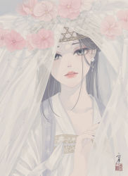 Rule 34 | 1girl, absurdres, chinese clothes, collarbone, commentary request, earrings, eyelashes, floral print, flower, flower earrings, grey eyes, grey hair, grey nails, hair over one eye, hanfu, hat, hat flower, hibiscus, highres, jewelry, long hair, looking at viewer, nail polish, original, parted lips, pink flower, robe, seal impression, signature, solo, straight hair, upper body, ushiyama ame, veil, weimao, white robe, white theme, white veil