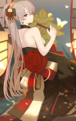 Rule 34 | 1girl, absurdres, architecture, azur lane, backless kimono, backless outfit, black kimono, detached collar, earrings, east asian architecture, flower, folding fan, hair flower, hair ornament, hand fan, highres, holding, holding fan, indoors, japanese clothes, jean bart (azur lane), jean bart (first snow upon the cutlass&#039;s edge) (azur lane), jewelry, kimono, kuwahara taiki, light brown hair, long hair, looking at viewer, ponytail, red eyes, red flower, red sash, sarashi, sash, sleeveless, sleeveless kimono, solo, very long hair, wooden floor