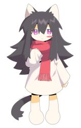 Rule 34 | 1girl, animal ears, black hair, blush stickers, cat ears, cat girl, cat tail, female focus, frown, full body, highres, kokum0tsu, long hair, looking at viewer, monster girl, no shoes, no socks, original, oversized clothes, oversized shirt, purple eyes, scarf, shirt, solo, star (symbol), star in eye, stella (kokum0tsu), symbol in eye, tail, white background