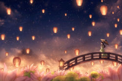 Rule 34 | 1girl, bad id, bad pixiv id, bridge, brown hair, cloud, commentary request, czy (2894456992), dress, field, flower, flower field, green dress, highres, holding, holding umbrella, lantern, long hair, long sleeves, looking at viewer, night, night sky, oil-paper umbrella, original, outdoors, scenery, sky, solo, standing, star (sky), starry sky, umbrella, wide sleeves