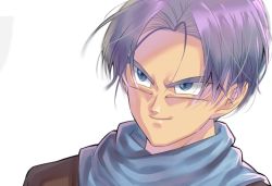 Rule 34 | 1boy, blue eyes, blue neckerchief, blurry, close-up, dragon ball, happy, looking away, male focus, neckerchief, purple hair, shaded face, short hair, simple background, smile, solo, tarutobi, trunks (dragon ball), trunks (future) (dragon ball), upper body, white background
