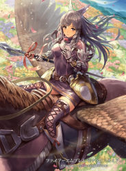 Rule 34 | 1girl, armor, belt, brown eyes, brown hair, company connection, copyright name, cuboon, dress, field, fire emblem, fire emblem awakening, fire emblem cipher, flower, flower field, gauntlets, holding, holding weapon, horseback riding, intelligent systems, lance, long hair, looking at viewer, nintendo, official art, outdoors, pegasus, pegasus knight uniform (fire emblem), petals, polearm, riding, short dress, smile, solo, stirrups (riding), sumia (fire emblem), thighhighs, weapon, wings, zettai ryouiki