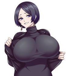 Rule 34 | 1girl, black jacket, black shirt, black sweater, blue eyes, breasts, earrings, highres, huge breasts, hz (666v), jacket, jewelry, looking at viewer, mature female, original, removing jacket, shirt, short hair, smile, sweater, turtleneck, turtleneck sweater, upper body, white background, wringing clothes