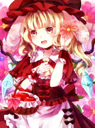 Rule 34 | 1girl, :d, adapted costume, animal ears, apple, apron, ascot, bad id, bad pixiv id, basket, blonde hair, blush, bow, rabbit ears, capelet, fang, flandre scarlet, flower, food, frills, fruit, jaku sono, open mouth, red eyes, sash, smile, solo, touhou, wings, wrist cuffs