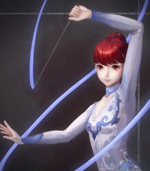 Rule 34 | 1girl, absurdres, arm up, breasts, collarbone, gymnastics, hair bun, hands up, highres, long hair, long sleeves, looking at viewer, official alternate costume, official alternate hairstyle, outstretched arm, persona, persona 5, persona 5 the royal, pigsir13152, red eyes, red hair, ribbon baton, smile, solo, upper body, yoshizawa kasumi
