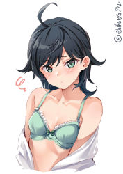 Rule 34 | 1girl, ahoge, annoyed, black hair, blush, bow, bow bra, bra, breasts, commentary request, cropped torso, ebifurya, furrowed brow, green bra, green eyes, highres, kantai collection, looking at viewer, matsukaze (kancolle), open clothes, open shirt, short hair, simple background, small breasts, solo, squiggle, swept bangs, tsurime, underwear, upper body, wavy hair, white background