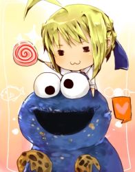 Rule 34 | 1girl, :3, = =, ahoge, artoria pendragon (fate), bad id, bad pixiv id, blonde hair, candy, chibi, cookie, cookie monster, crossover, fate/stay night, fate (series), food, googly eyes, heart, lollipop, lowres, paipu akatsuki, saber (fate), sesame street