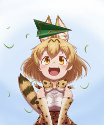 Rule 34 | 10s, 1girl, :d, animal ears, bare shoulders, blonde hair, blush, bow, bowtie, brown eyes, elbow gloves, gloves, gradient background, grass, hair between eyes, high-waist skirt, highres, kemono friends, mugisepa, open mouth, paper airplane, serval (kemono friends), serval print, serval tail, shirt, skirt, sleeveless, sleeveless shirt, smile, solo, striped tail, tail, white shirt