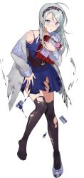 Rule 34 | 1girl, alternate costume, black thighhighs, blue dress, blue eyes, blue footwear, blush, box, coat, dress, drew (drew213g), full body, gift, gift box, grey coat, hairband, kantai collection, long hair, long sleeves, official art, plaid, plaid hairband, sagiri (kancolle), silver hair, solo, tears, thighhighs, torn clothes, torn thighhighs, transparent background, white background