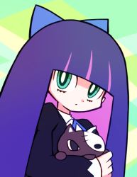 Rule 34 | 1girl, aqua eyes, blue bow, blunt bangs, bow, bright pupils, closed mouth, hair bow, holding, holding stuffed toy, honekoneko (psg), long hair, long sleeves, multicolored hair, official style, panty &amp; stocking with garterbelt, pink hair, purple hair, solo, stocking (psg), stuffed animal, stuffed cat, stuffed toy, suta (clusta), two-tone hair, upper body, white pupils