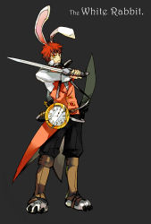Rule 34 | 1boy, alice in wonderland, animal ears, rabbit ears, clock, cosplay, crimo, emiya shirou, fate/stay night, fate (series), holding sword, male focus, paw shoes, red eyes, red hair, reverse grip, shoes, solo, sword, weapon, white rabbit (alice in wonderland), white rabbit (cosplay)