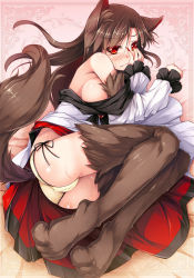 Rule 34 | 1girl, animal ears, blush, breasts, brown hair, chima q, embarrassed, fingernails, fur, highres, imaizumi kagerou, large breasts, long fingernails, long hair, looking at viewer, nail polish, panties, red eyes, side-tie panties, sideboob, slit pupils, solo, tail, touhou, underwear, wavy mouth, wolf ears, wolf tail, yellow panties