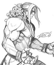 Rule 34 | 1boy, 2018, alex (street fighter), capcom, curly hair, facepaint, fighting stance, from side, greyscale, headband, highres, long hair, male focus, monochrome, muscular, robaato, signature, sketch, solo, street fighter, street fighter iii (series), suspenders hanging, topless male