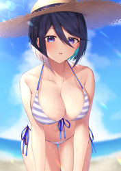 Rule 34 | 1girl, absurdres, bare arms, bent over, bikini, breasts, cleavage, collarbone, commentary request, cowboy shot, day, hair between eyes, halterneck, hat, highres, large breasts, looking at viewer, niyun (n niyu), open mouth, outdoors, purple eyes, ribbon, senki zesshou symphogear, short hair, side-tie bikini bottom, skindentation, solo, straw hat, string bikini, striped bikini, striped clothes, swimsuit, thigh gap, tomosato aoi, wet