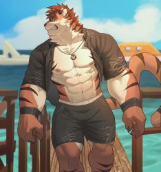Rule 34 | 1boy, abs, absurdres, animal ears, bara, bare pectorals, blurry, blurry background, bracelet, claws, cloud, cloudy sky, fdj 1997, fence, furry, furry male, glasses, hairy, highres, jewelry, large pectorals, male focus, manly, muscular, muscular male, navel, necklace, nipples, ocean, open clothes, open shirt, original, pectoral cleavage, pectorals, shirt, shorts, sky, solo, tail, thick arms, thick thighs, thighs, tiger boy, tiger ears, tiger tail, wooden fence