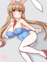 Rule 34 | 1girl, animal ears, artist logo, between breasts, blue leotard, blush, breasts, covered navel, detached collar, embarrassed, fake animal ears, grey background, highleg, highleg leotard, kanon (kurogane knights), kantai collection, large breasts, leotard, long hair, looking at viewer, lying, necktie, necktie between breasts, one-hour drawing challenge, pantyhose, playboy bunny, rabbit ears, solo, strapless, strapless leotard, sweatdrop, tashkent (kancolle), white pantyhose, wrist cuffs