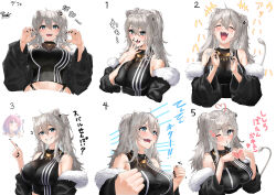 Rule 34 | 2girls, :3, absurdres, ahoge, animal ear piercing, animal ears, aqua eyes, bare shoulders, black jacket, black shirt, breasts, claw pose, clenched hands, closed eyes, commentary request, double-parted bangs, fur-trimmed jacket, fur trim, grey hair, grin, hair between eyes, hands up, heart, heart hands, highres, himemori luna, himemori luna (sundress), hololive, index finger raised, jacket, large breasts, lion ears, lion girl, lion tail, looking ahead, looking at viewer, multiple girls, multiple views, nanaushi, off shoulder, one eye closed, open mouth, pointing, pointing up, shirt, shishiro botan, shishiro botan (1st costume), simple background, sleeveless, smile, solo, tail, teeth, translation request, two side up, upper body, virtual youtuber, white background