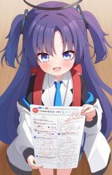 Rule 34 | 1girl, aged down, azel (laevateinn495), backpack, bag, blue archive, blue eyes, blue necktie, blush, collared shirt, formal, halo, highres, holding, holding paper, jacket, long hair, long sleeves, looking at viewer, math, mechanical halo, necktie, open mouth, paper, purple hair, randoseru, shirt, smile, solo, suit, two-sided fabric, two-sided jacket, two side up, white jacket, white shirt, yuuka (blue archive)
