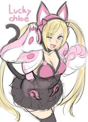 Rule 34 | 1girl, animal ear headphones, animal ears, animal hands, blonde hair, blue eyes, breasts, cat ear headphones, cat ears, cat tail, choker, cleavage, fake animal ears, gloves, headphones, long hair, one eye closed, open mouth, paw gloves, sketch, smile, solo, tail, tetsu (kimuchi), thighhighs, twintails
