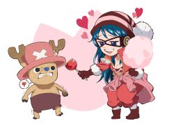 Rule 34 | 1boy, 1girl, angry, blue eyes, blue hair, breasts, brown gloves, candy apple, cotton candy, food, gloves, hat, heart, jacket, long hair, medium breasts, one piece, open mouth, porche (one piece), pori (kmt pori), red jacket, reindeer, shorts, striped clothes, striped headwear, teeth, tony tony chopper
