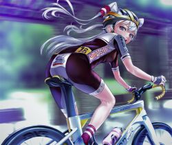 Rule 34 | 1girl, alternate costume, amatsukaze (kancolle), ass, ass focus, bicycle helmet, bike jersey, bike shorts, bottle, brown eyes, from side, gloves, helmet, kantai collection, long hair, looking at viewer, rensouhou-kun, solo, water bottle, white gloves, white hair, yamatoshi