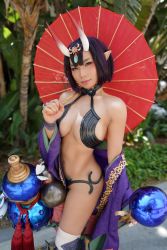 Rule 34 | 1girl, breasts, clothes, cosplay, fantastic nami, fate/grand order, fate (series), female focus, highres, holding, holding umbrella, horns, long hair, medium breasts, medium hair, oni, photo (medium), pointy ears, shuten douji (fate), shuten douji (fate) (cosplay), skin-covered horns, smile, solo, tattoo, umbrella