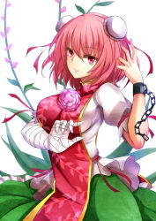Rule 34 | 1girl, asya, bandages, breasts, bun cover, chain, chinese clothes, cuffs, double bun, female focus, flower, hair bun, highres, ibaraki kasen, large breasts, light smile, pink eyes, pink flower, pink hair, pink rose, rose, shackles, short hair, short sleeves, simple background, solo, touhou, upper body