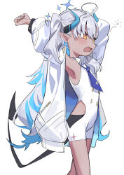 Rule 34 | 1girl, absurdres, armpits, arms up, bike shorts, black shorts, blue archive, blue hair, blue necktie, bodysuit, clothing cutout, colored inner hair, dark-skinned female, dark skin, demon girl, demon horns, demon tail, feet out of frame, flat chest, halo, haruyuki (gffewuoutgblubh), highres, horns, jacket, long hair, long sleeves, multicolored hair, multicolored horns, necktie, open clothes, open jacket, open mouth, orange eyes, pointy ears, puffy long sleeves, puffy sleeves, purple halo, shorts, side cutout, simple background, sleeveless, sleeveless bodysuit, solo, star halo, sumomo (blue archive), tail, tears, two-tone hair, two-tone horns, two side up, white background, white bodysuit, white hair, white jacket