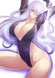 Rule 34 | 1girl, areola slip, arms up, breasts, cleavage, collarbone, covered erect nipples, covered navel, cowboy shot, curvy, energy blade, grey eyes, haganef, hair over one eye, highleg, highleg leotard, huge breasts, large breasts, leotard, light purple hair, long hair, long sleeves, looking at viewer, original, parted lips, purple eyes, solo, thick thighs, thighs, triangle mouth, unzipped, white hair, wide hips