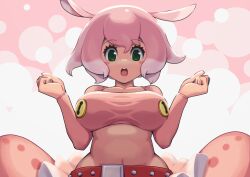 Rule 34 | 1girl, belt, breasts, collarbone, commentary request, cropped shirt, fins, green eyes, hair between eyes, hands up, head fins, highres, japanese pancake devilfish (kemono friends), kemono friends, kemono friends 3, kuroi ani, large breasts, long sleeves, looking at viewer, medium hair, midriff, multicolored hair, navel, open mouth, pink hair, pink shirt, pink skirt, shirt, skirt, solo, stomach, tentacles, two-tone hair