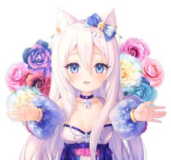 Rule 34 | 1girl, :d, animal ear fluff, animal ears, bad id, bad pixiv id, bare shoulders, bell, blue choker, blue eyes, blue flower, blue rose, blue sleeves, blush, breasts, cat ears, choker, collarbone, commentary, detached sleeves, dress, english commentary, flower, foreshortening, hair between eyes, jingle bell, long hair, long sleeves, nami (nyaa), neck bell, open mouth, original, outstretched arms, pink flower, pink rose, print sleeves, puffy long sleeves, puffy sleeves, red flower, red rose, rose, simple background, sleeveless, sleeveless dress, small breasts, smile, snowflake print, solo, upper body, very long hair, white background, white dress, white flower, white hair, white rose