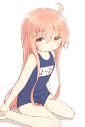 Rule 34 | 1girl, absurdres, ahoge, ayanepuna, ball, bare arms, bare legs, bare shoulders, barefoot, beachball, blue one-piece swimsuit, blush, brown eyes, closed mouth, collarbone, hair between eyes, hair ornament, hairclip, highres, ii (ayanepuna), long hair, old school swimsuit, one-piece swimsuit, original, pink hair, school swimsuit, shadow, sidelocks, sitting, solo, swimsuit, very long hair, wariza, white background