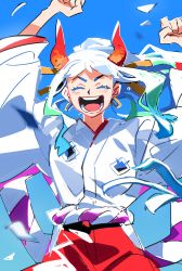 Rule 34 | 1girl, arms up, artist request, blue background, breasts, crying, dress, earrings, floating hair, hakama, happy, high ponytail, highres, horns, japanese clothes, jewelry, long hair, one piece, oni horns, solo, tears, very long hair, yamato (one piece)