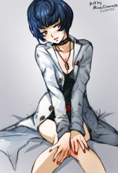Rule 34 | 1girl, bare legs, black collar, black dress, blue hair, bob cut, breasts, cleavage, closed mouth, collar, collarbone, dress, grey background, head tilt, lab coat, long sleeves, mina cream, nail polish, persona, persona 5, red lips, red nails, short dress, short hair, sitting, small breasts, solo, spiked collar, spikes, takemi tae