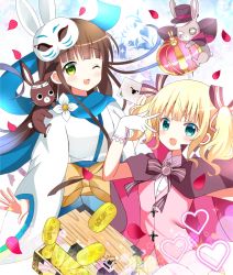 Rule 34 | 2girls, :d, ;d, animal, animal ears, anko (gochiusa), blonde hair, blush, brown cape, cape, collared shirt, commentary request, crown, gloves, gochuumon wa usagi desu ka?, green eyes, hand up, heart, highres, japanese clothes, kimono, kirima syaro, looking at viewer, looking back, mask, mask on head, mini crown, multicolored cape, multicolored clothes, multiple girls, one eye closed, open mouth, petals, pink cape, pink vest, rabbit, rabbit ears, rabbit mask, ryoutan, shirt, smile, treasure chest, twintails, ujimatsu chiya, v-shaped eyebrows, v over eye, vest, white gloves, white kimono, white shirt, wide sleeves, wild geese