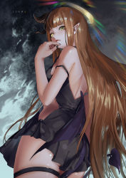 Rule 34 | 1girl, ass, back, bare arms, black dress, black nails, blonde hair, blunt bangs, breasts, character name, closed mouth, cowboy shot, demon tail, dress, eyelashes, eyeshadow, fingernails, from behind, halo, hand to own mouth, hand up, highres, horns, indie virtual youtuber, legs together, liyou-ryon, long fingernails, long hair, looking at viewer, looking back, makeup, mascara, microdress, nail polish, no bra, no panties, nose, pointy ears, shiny skin, single horn, skindentation, sleeveless, sleeveless dress, small breasts, solo, standing, tail, thigh strap, very long hair, virtual youtuber