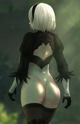Rule 34 | 1girl, android, ass, back cutout, black thighhighs, blindfold, clothing cutout, feather-trimmed sleeves, from behind, hairband, highleg, highleg leotard, highres, leotard, lips, lipstick, long sleeves, makeup, mole, nier (series), nier:automata, razalor, shade, short hair, silver hair, solo, sunlight, thighhighs, thighs, 2b (nier:automata)