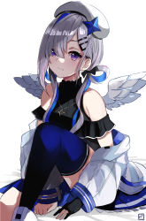 Rule 34 | 1girl, absurdres, alternate costume, alternate hairstyle, amane kanata, amane kanata (work), angel wings, bare shoulders, beret, black gloves, black thighhighs, blue hair, blush, commentary, gloves, hair ornament, hair rings, hairclip, halo, hat, highres, hololive, jacket, jewelry, long sleeves, multicolored clothes, multicolored legwear, necklace, off shoulder, open clothes, open jacket, pineapple (pine), purple eyes, silver hair, simple background, solo, star halo, thighhighs, virtual youtuber, white hat, white jacket, wings