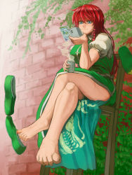 Rule 34 | 1girl, barefoot, blue eyes, braid, breasts, brick wall, chair, chinese clothes, crossed legs, dragon, dragon ball, dragon print, eastern dragon, feet, female focus, hong meiling, koyubi (littlefinger1988), large breasts, long hair, manga (object), parted bangs, piccolo, puffy short sleeves, puffy sleeves, reading, red hair, scar, shoe dangle, shoes, short sleeves, single shoe, sitting, smile, solo, toes, touhou, twin braids