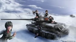 Rule 34 | 10s, 5girls, absurdres, arm support, arm up, arms behind head, binoculars, black footwear, black skirt, black vest, blunt bangs, boots, bottle, cloud, cloudy sky, commentary, day, driving, emblem, exhaust, extra, girls und panzer, green jacket, helmet, highres, holding, jacket, jay87k, leaning back, long hair, long sleeves, looking at another, looking at viewer, military, military uniform, military vehicle, miniskirt, motor vehicle, mountain, multiple girls, one eye closed, open mouth, outdoors, pleated skirt, ponytail, pravda (emblem), pravda military uniform, red shirt, shirt, short hair, sitting, skirt, sky, smile, smoke, snow, standing, t-34, t-34-85, tank, tank helmet, turtleneck, uniform, v, vest, wallpaper, watermark, web address