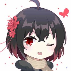 Rule 34 | 1girl, antenna hair, bug, butterfly, flower, gou lianlian dogface, hair between eyes, hair flower, hair ornament, honkai (series), honkai impact 3rd, insect, looking at viewer, one eye closed, open mouth, red butterfly, red eyes, red flower, red hair, scarf, seele (alter ego), seele vollerei, short hair, simple background, solo, teeth, white background