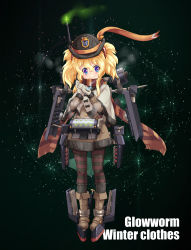 Rule 34 | 1girl, alternate costume, black bow, blonde hair, blue eyes, blush, boots, bow, bowler hat, brown coat, brown footwear, buttons, cannon, capelet, character name, closed mouth, coat, commentary request, depth charge, emblem, english text, eyebrows, full body, fur trim, glowworm (warship girls r), green background, hair between eyes, hat, highres, looking at viewer, machinery, mittens, official art, orange ribbon, own hands together, pantyhose, pocket, propeller, ribbon, scarf, scrunchie, sirills, smile, solo, standing, steam, striped clothes, striped legwear, striped pantyhose, striped scarf, symbol-shaped pupils, text focus, torpedo, turret, twintails, warship girls r