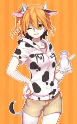 Rule 34 | 1girl, ;p, animal ears, animal print, bad id, bad pixiv id, blonde hair, cow ears, cow horns, cow print, cow tail, highres, hood, hoodie, horns, kagerou project, kangmoro, kisaragi momo, long hair, milk, one eye closed, side ponytail, solo, tail, tongue, tongue out, wink