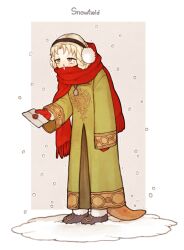 Rule 34 | 1girl, arched back, blonde hair, braid, brown footwear, donar0217, dress, elden ring, envelope, full body, green dress, green eyes, holding, holding envelope, jewelry, mittens, necklace, red mittens, red scarf, runny nose, rya (elden ring), scarf, simple background, snake tail, snot, snow, snowing, standing, tail, trembling, twin braids