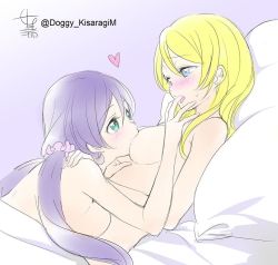 Rule 34 | 10s, 2girls, ayase eli, bad id, bad twitter id, bed sheet, blonde hair, blue eyes, blush, breast sucking, breasts, completely nude, eye contact, finger in another&#039;s mouth, girl on top, green eyes, hair down, heart, kisaragi mizu, long hair, looking at another, love live!, love live! school idol project, multiple girls, nude, open mouth, pillow, ponytail, purple hair, scrunchie, signature, smile, tojo nozomi, twintails, twitter username, yuri