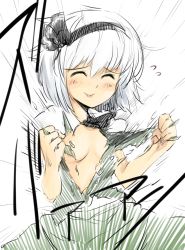 Rule 34 | 1girl, :p, breasts, closed eyes, female focus, harusame (unmei no ikasumi), konpaku youmu, no bra, self clothes tearing, shirt, sketch, small breasts, smile, solo, tearing clothes, tongue, tongue out, torn clothes, torn shirt, touhou