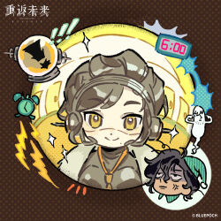 Rule 34 | !, !!, 1girl, 2boys, :|, alarm clock, android, anger vein, black hair, brown background, chibi, clock, closed mouth, coat, coat on shoulders, copyright name, copyright notice, cropped head, enigma (reverse:1999), giving up the ghost, green hat, halftone, halftone background, hat, helmet, highres, lanyard, logo, looking at viewer, lucy (reverse:1999), metal skin, mole, mole under mouth, multiple boys, nightcap, official art, reverse:1999, robot girl, short hair, smile, tank helmet, ulrich (reverse:1999), upper body, yellow eyes