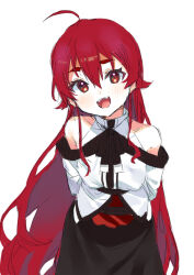 Rule 34 | 1girl, ahoge, arms behind back, bare shoulders, black skirt, blush, breasts, eris greyrat, female focus, hair between eyes, long hair, looking at viewer, mushoku tensei, open mouth, pinch (nesume), red eyes, red hair, simple background, skirt, small breasts, solo, thick eyebrows, very long hair, white background
