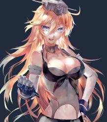 Rule 34 | 10s, 1girl, :d, azomo, bare shoulders, blonde hair, blue background, blue eyes, breasts, cleavage, clenched hand, elbow gloves, gloves, hair between eyes, headgear, highres, iowa (kancolle), kantai collection, large breasts, long hair, looking at viewer, midriff, open mouth, simple background, smile, solo, star-shaped pupils, star (symbol), symbol-shaped pupils, teeth